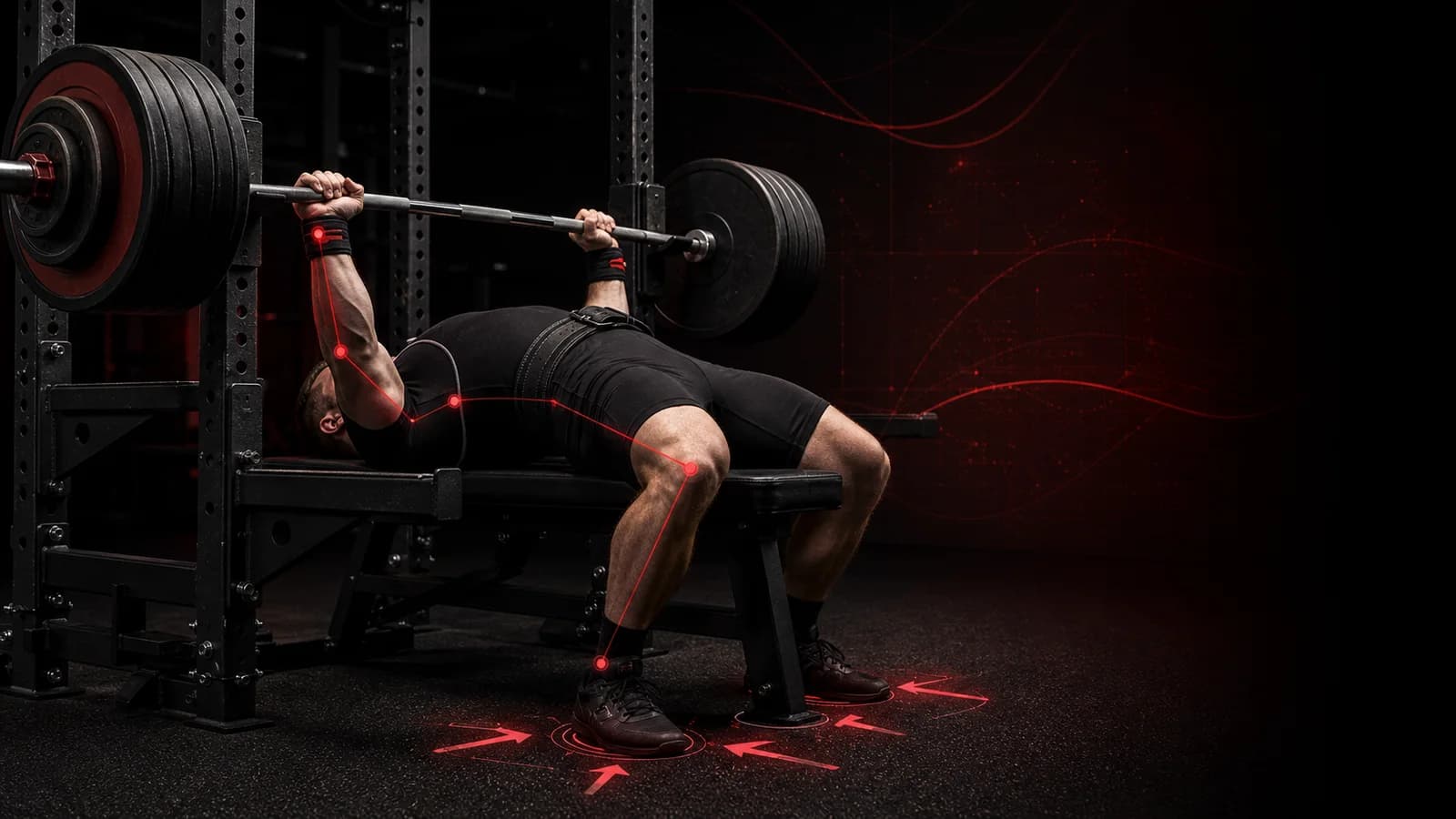 Powerlifting AI analysis view of a bencher pressing with planted feet and red floor-force markers
