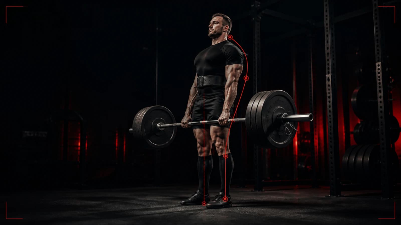 Powerlifting AI analysis view of a conventional deadlift completed with hips and knees extended
