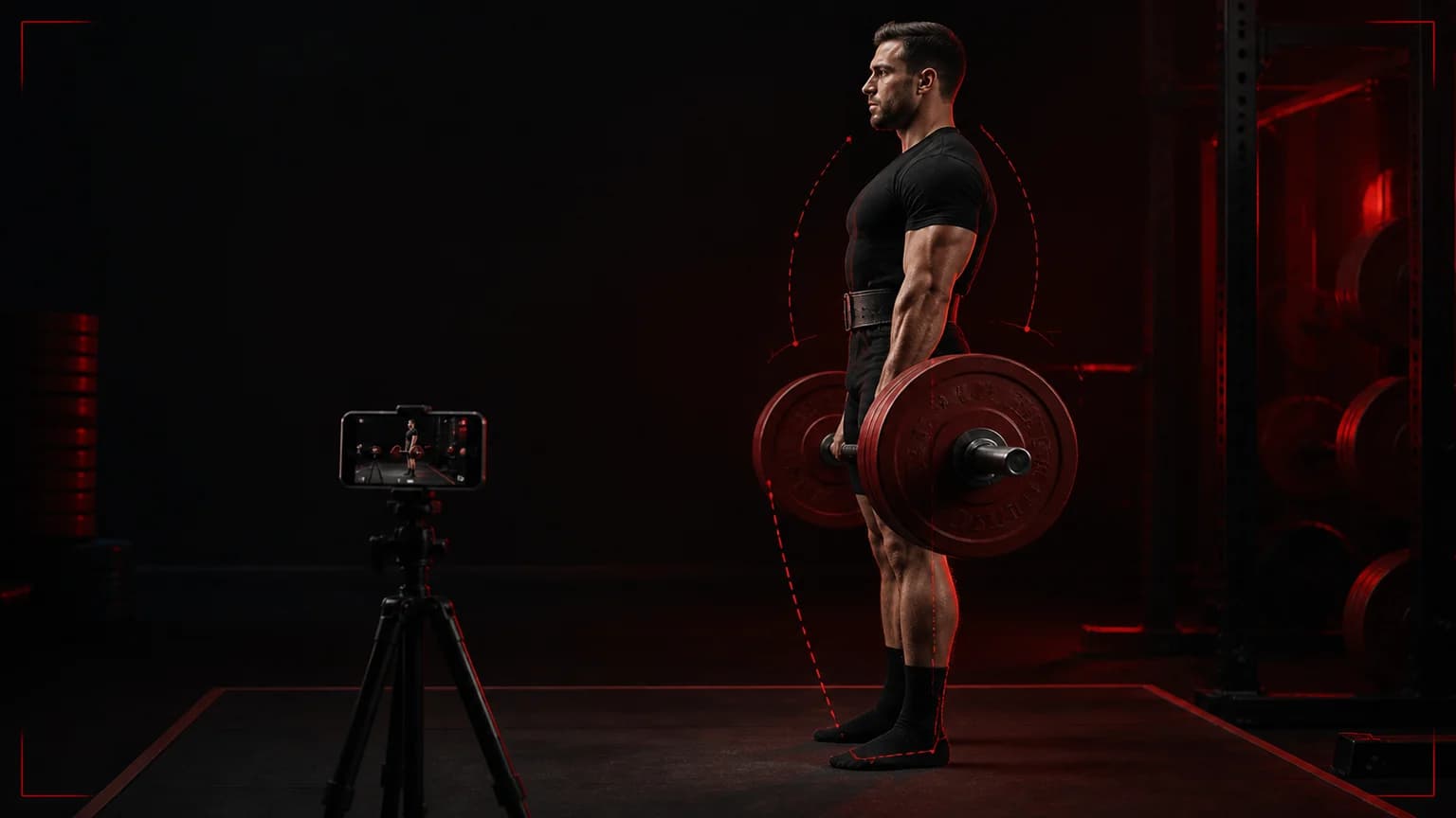 Powerlifter reviewing a bench press clip with restrained red bar-path marks
