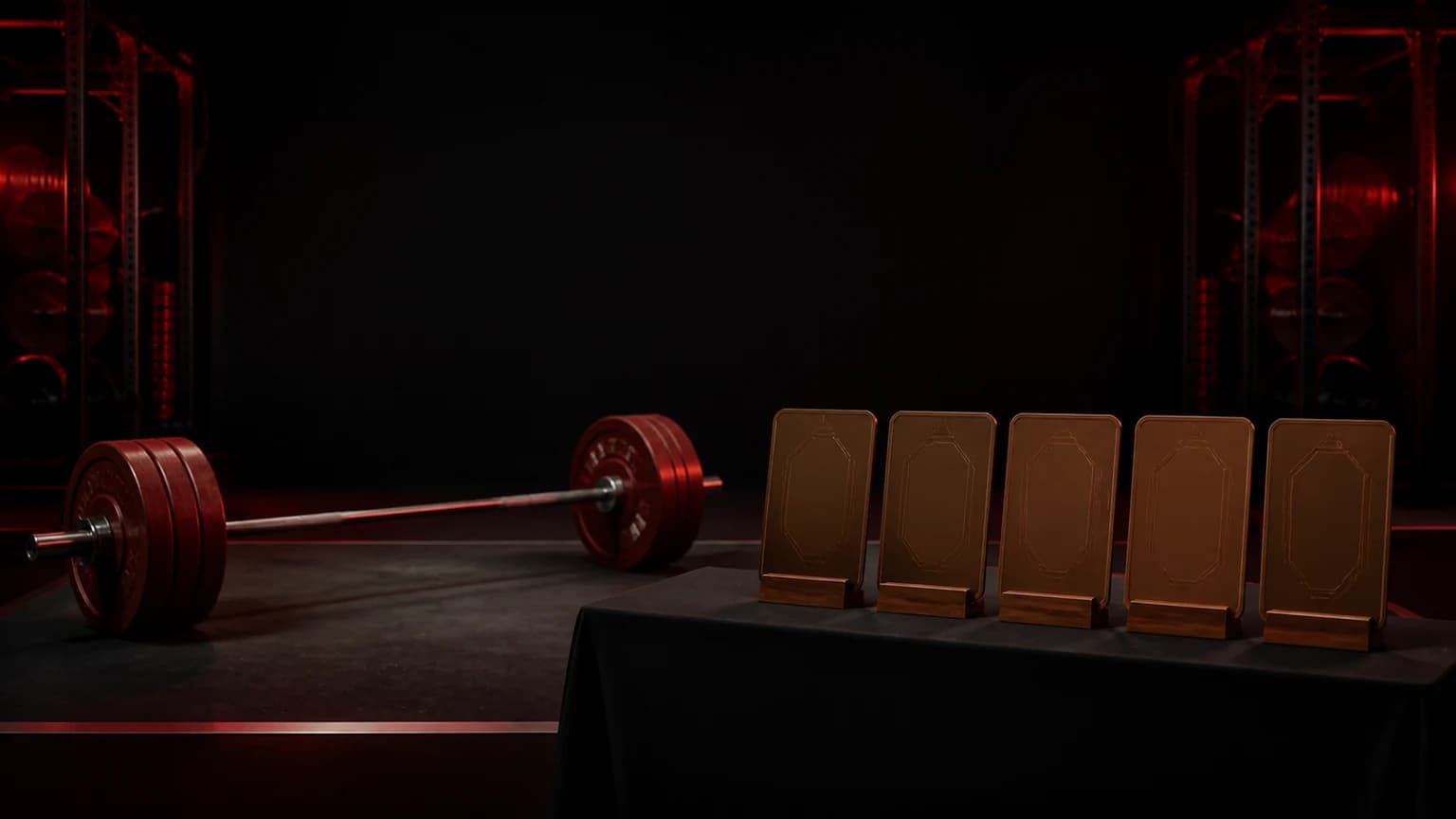 A red and near-black powerlifting platform board lists current IPF weight-class divisions beside a loaded bar