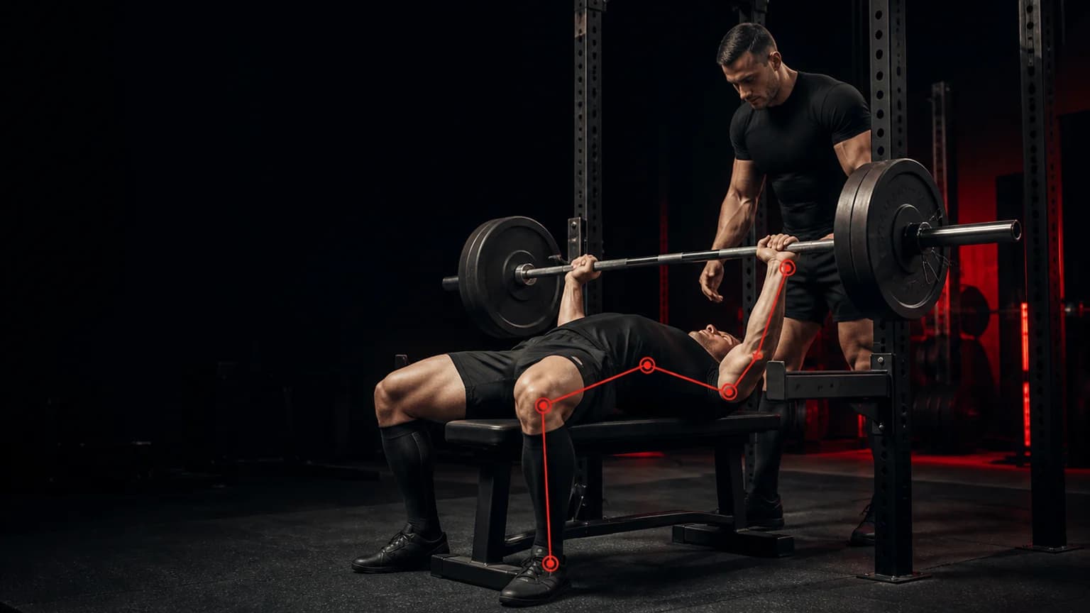 Powerlifter pauses a controlled bench press while a spotter watches in a dark red gym